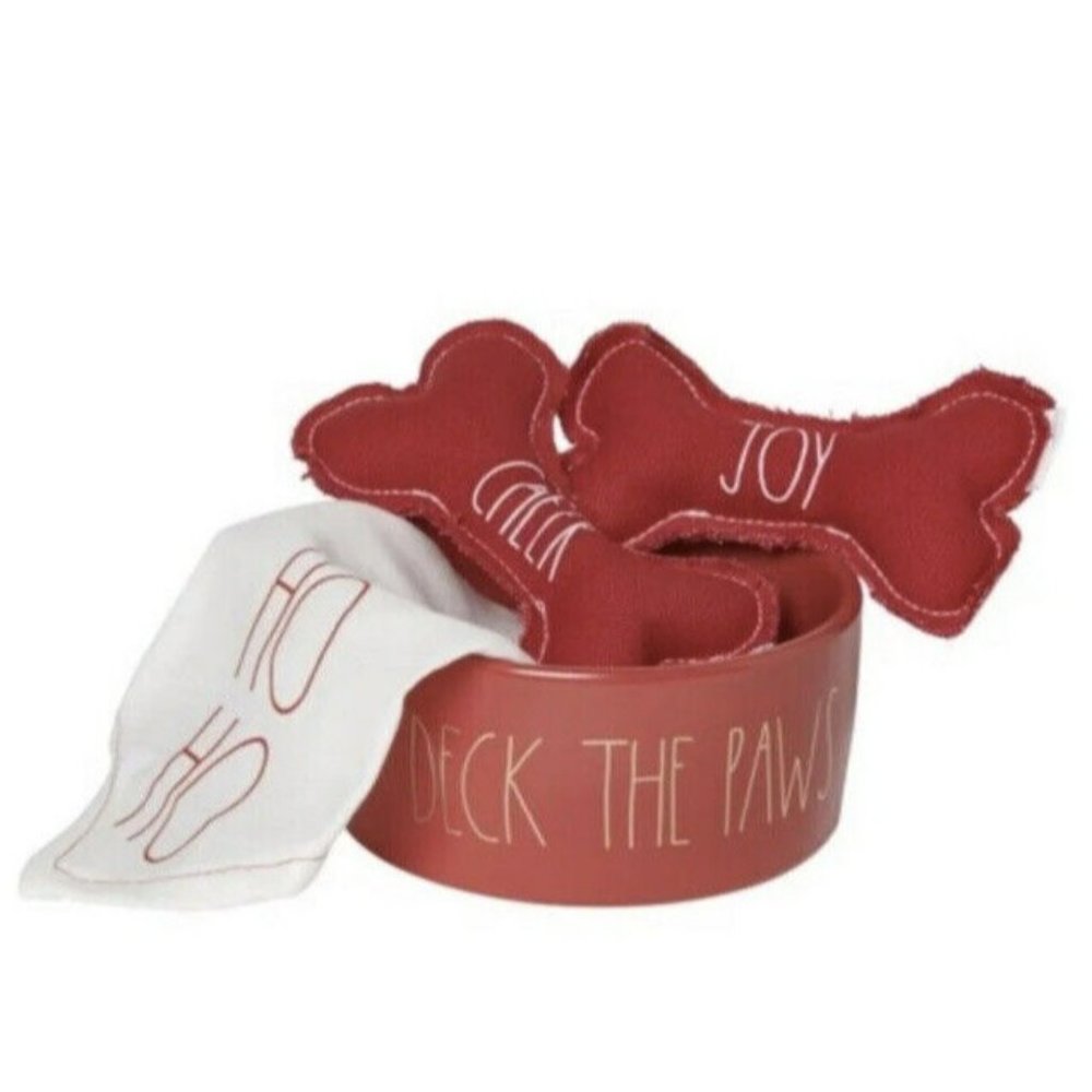 New 4 Pc Rae Dunn "Deck the Paws" 6” Pet Bowl Bandana Dog Toys Red Bowl Gift